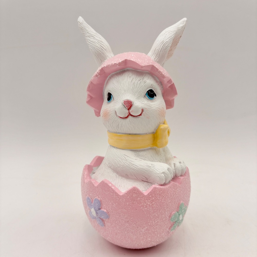 Easter Bunny in Pink Glitter Egg Figurine White Rabbit Spring Decor